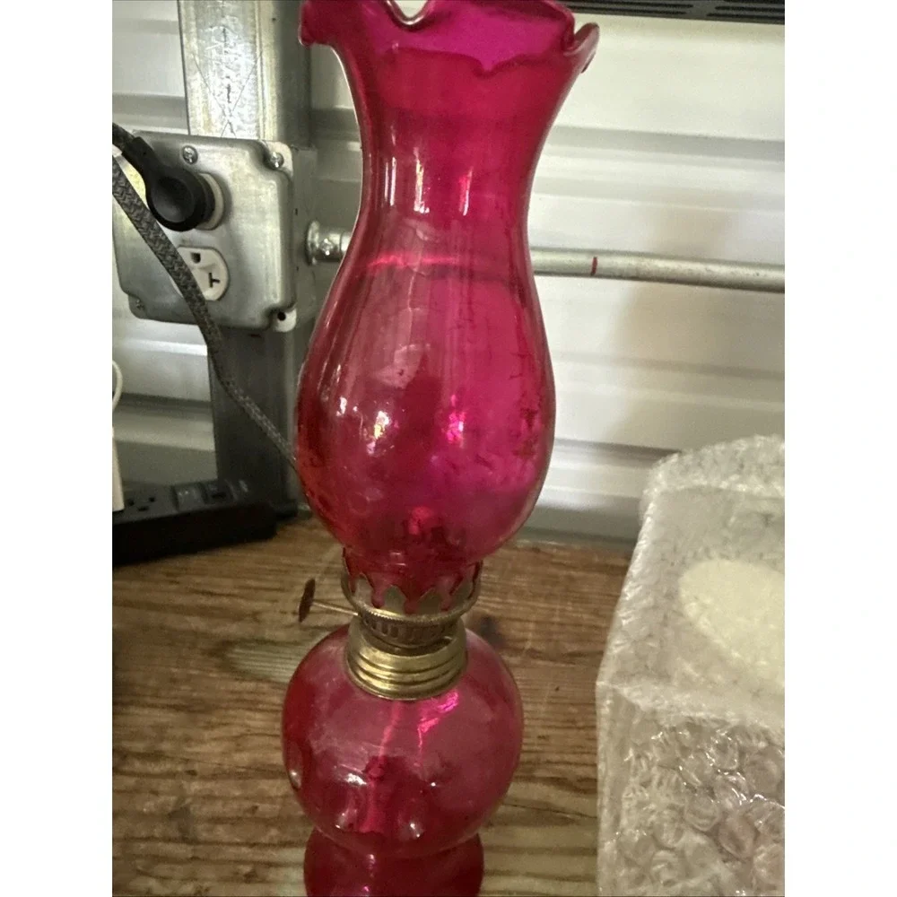 Vintage Red Glass Oil Lamp with Ruffle top 10.5